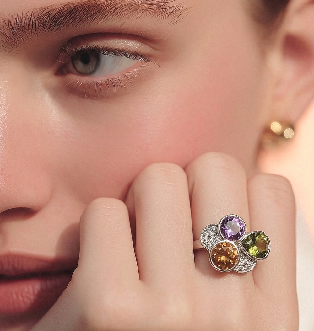 Multi CZ cocktail ring 14k white gold size 7 🆕